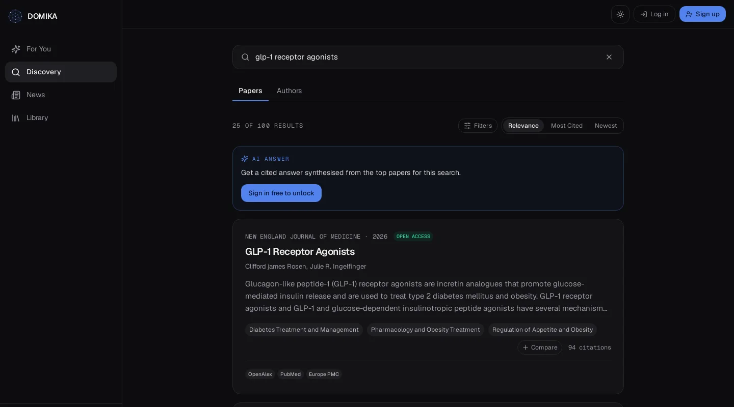 DOMIKA Discovery: search results for GLP-1 receptor agonists with journal, citations and sources